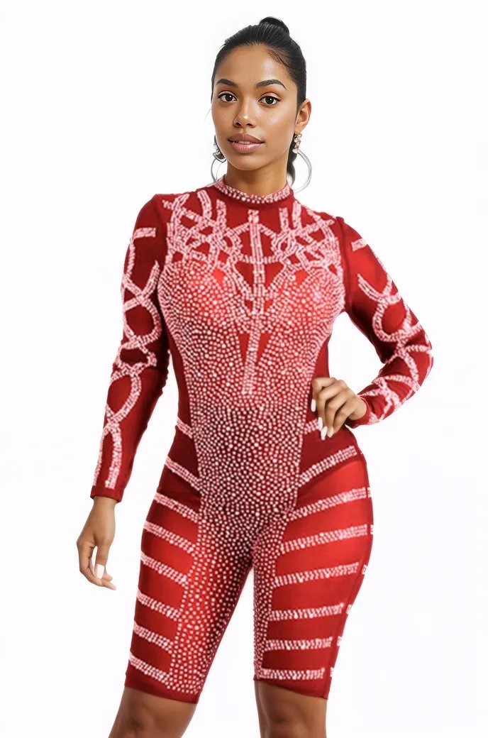 Red Mesh Blinged Out Rhinestone Sexy Jumpsuit Romper