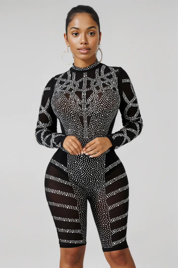 Black Blinged Out Knee Length Sexy Jumpsuit