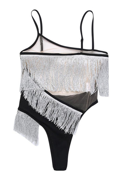 Black Nude Mesh Silver Fringe Cut Out Bottom Button Sexy Bodysuit