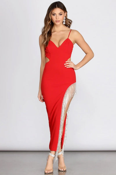 Red Cut-Out Waist High Slit Rhinestones Chandeliers Maxi Party Dress