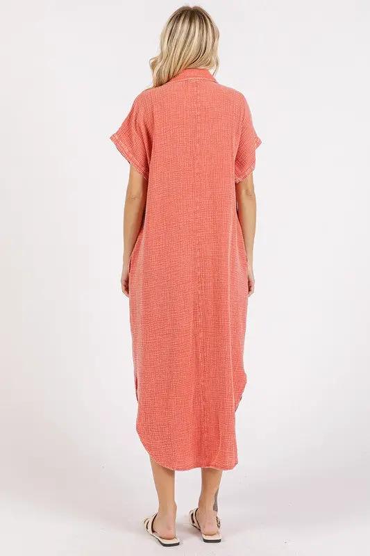 Mittoshop Mineral Wash V Neck Button Up Midi Shirt Dress