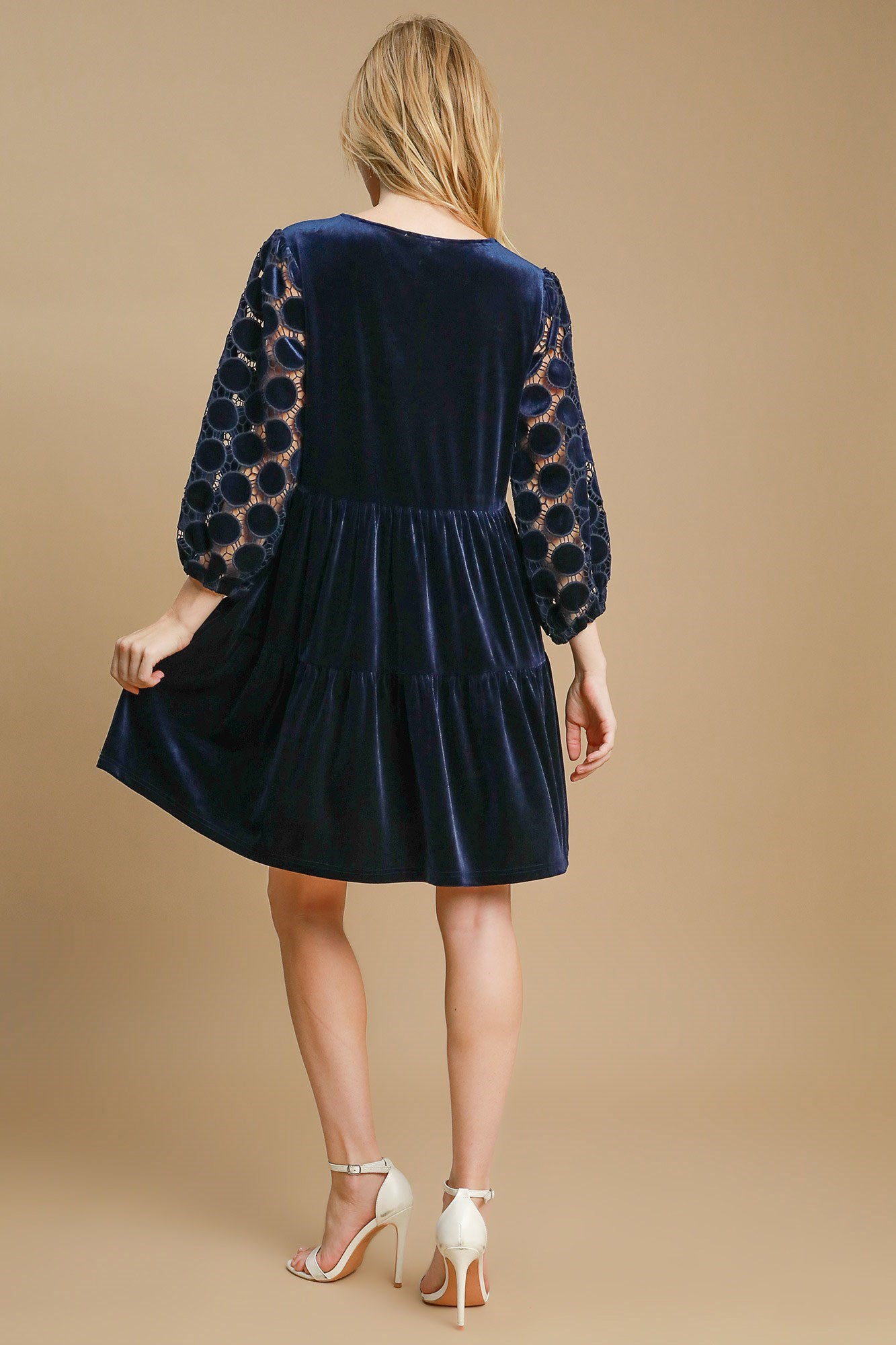 Umgee Dotted Lace Sleeve Tiered Velvet Mini Dress