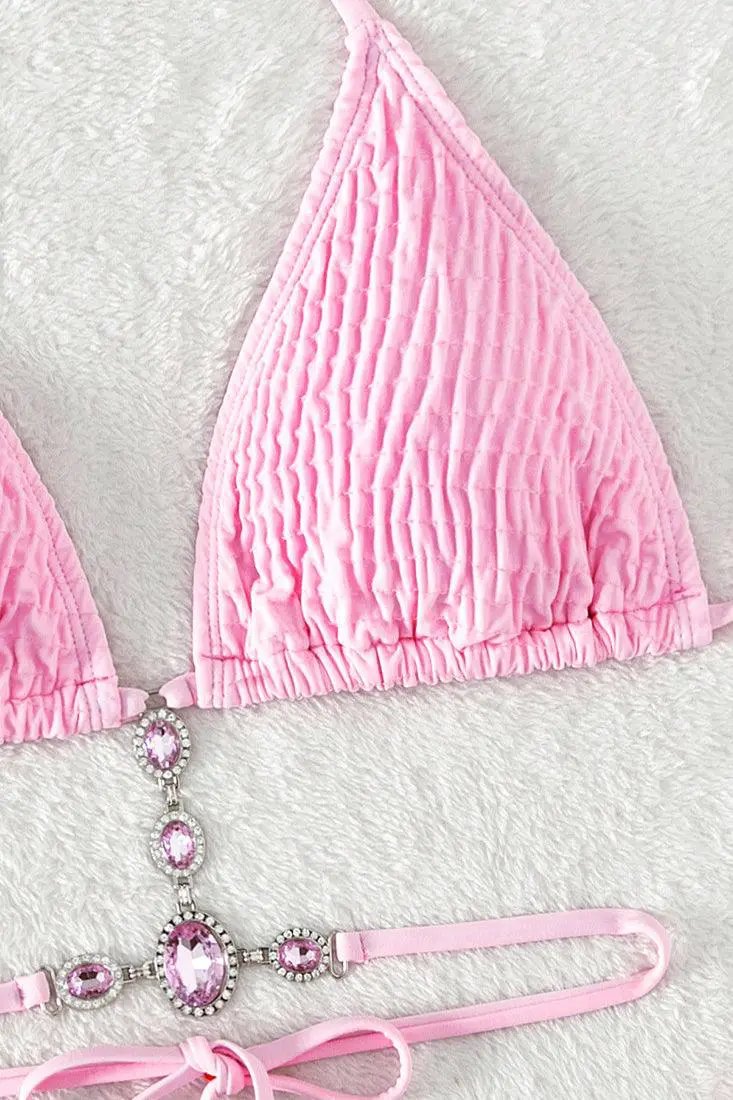 Pink Smocked Rhinestone Gem Strappy Sexy Cheeky 2Pc Swimsuit Bikini Set
