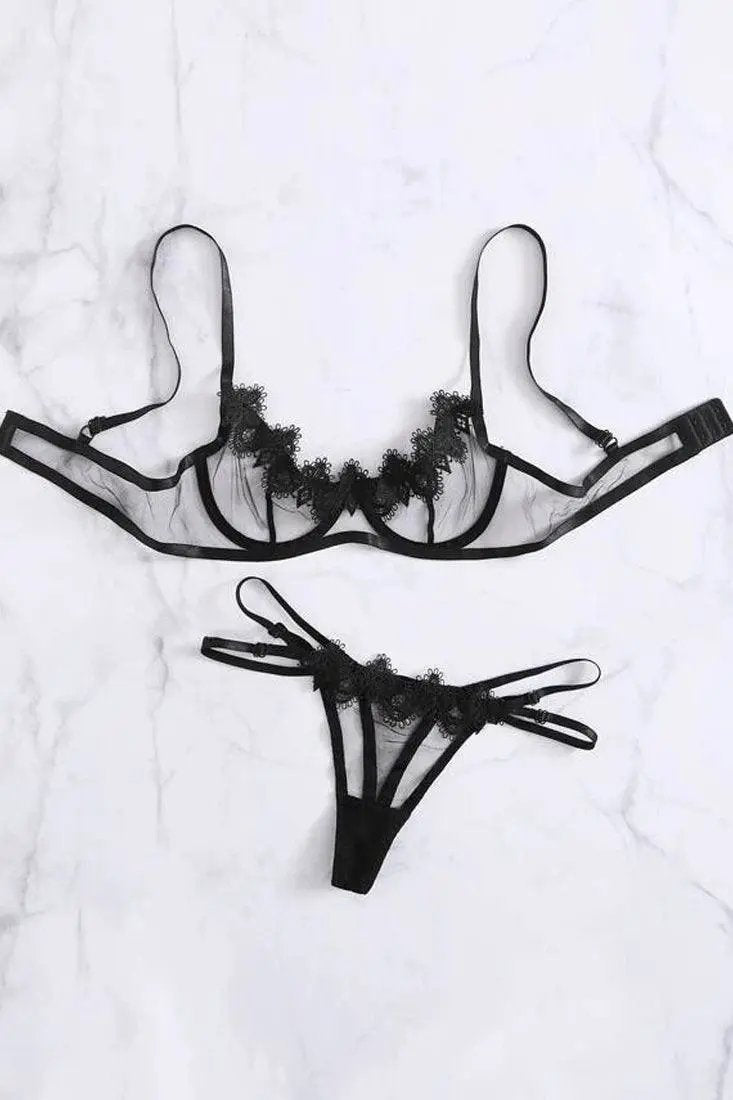 Black Sheer Mesh Lace Strappy Bra Thong Sexy 2Pc Lingerie ff789
