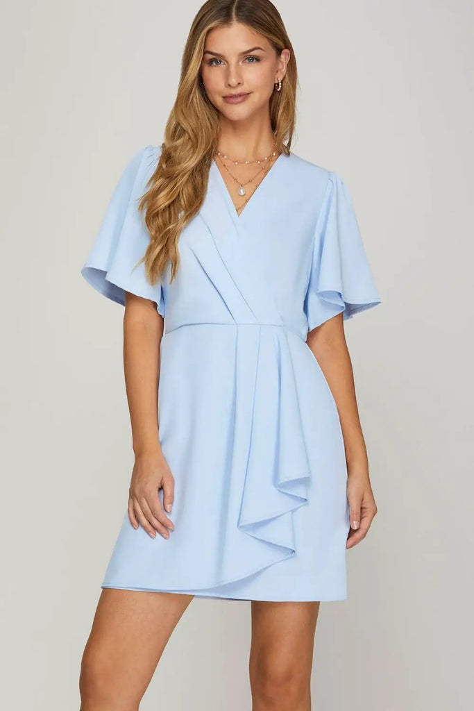 She + Sky Ruffled Surplice Short Flutter Sleeve Mini Dress