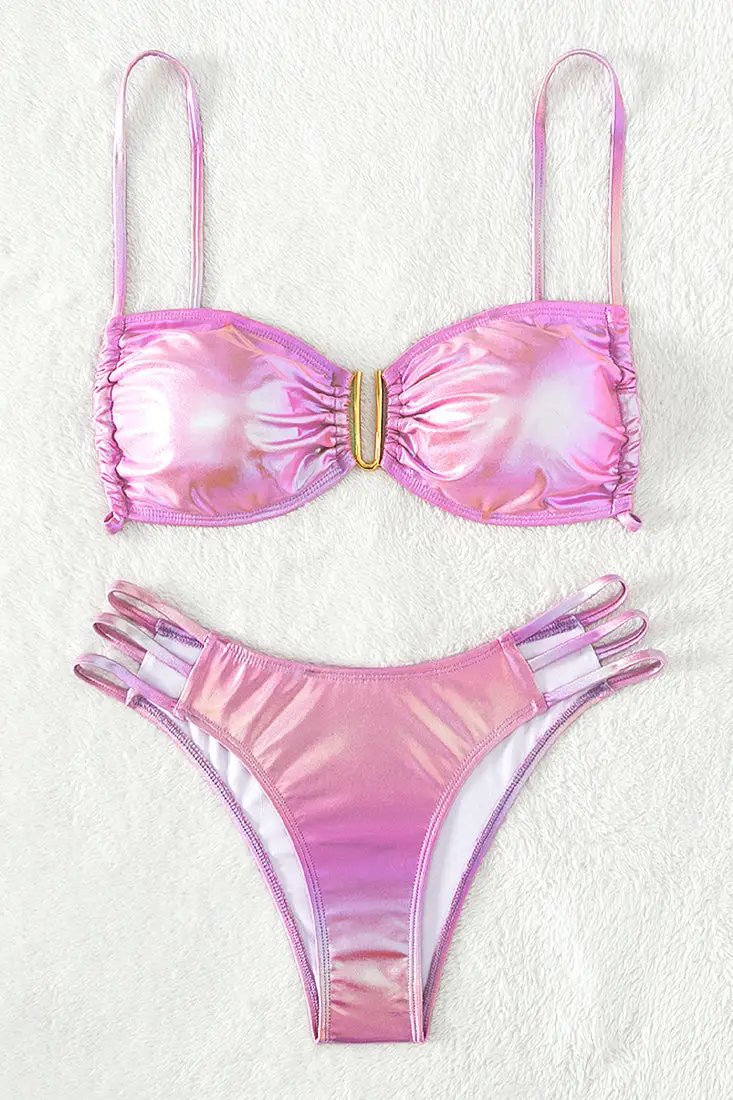 Pink Holographic Metallic Strappy U-Wire Cheeky 2Pc Sexy Swimsuit Set