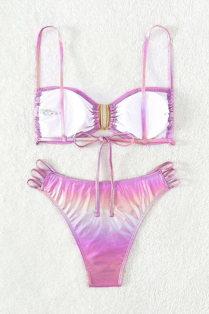 Pink Holographic Metallic Strappy U-Wire Cheeky 2Pc Sexy Swimsuit Set