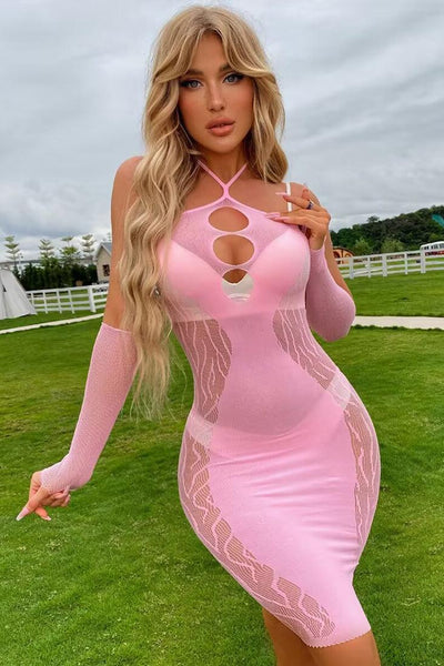 Pink Stretchy Halter Arm Warmers Fitted 3Pc Sexy Dress Outfit - AMIClubwear