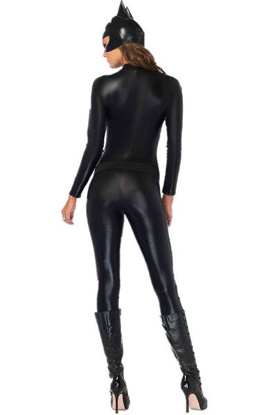 Black Fitted Stretchy Zipper Belted Masked Catsuit Sexy Cat Woman Costume