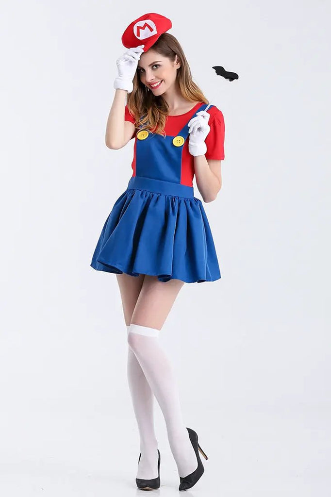 Red Short Sleeves Skirt Fitted Sexy Mario Costume W/Hat