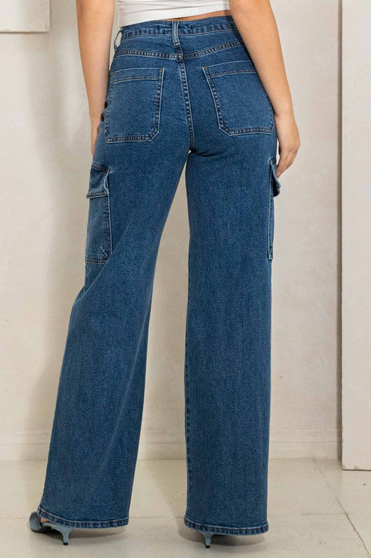 High Rise Crossed Waist Cargo Wide Jeans