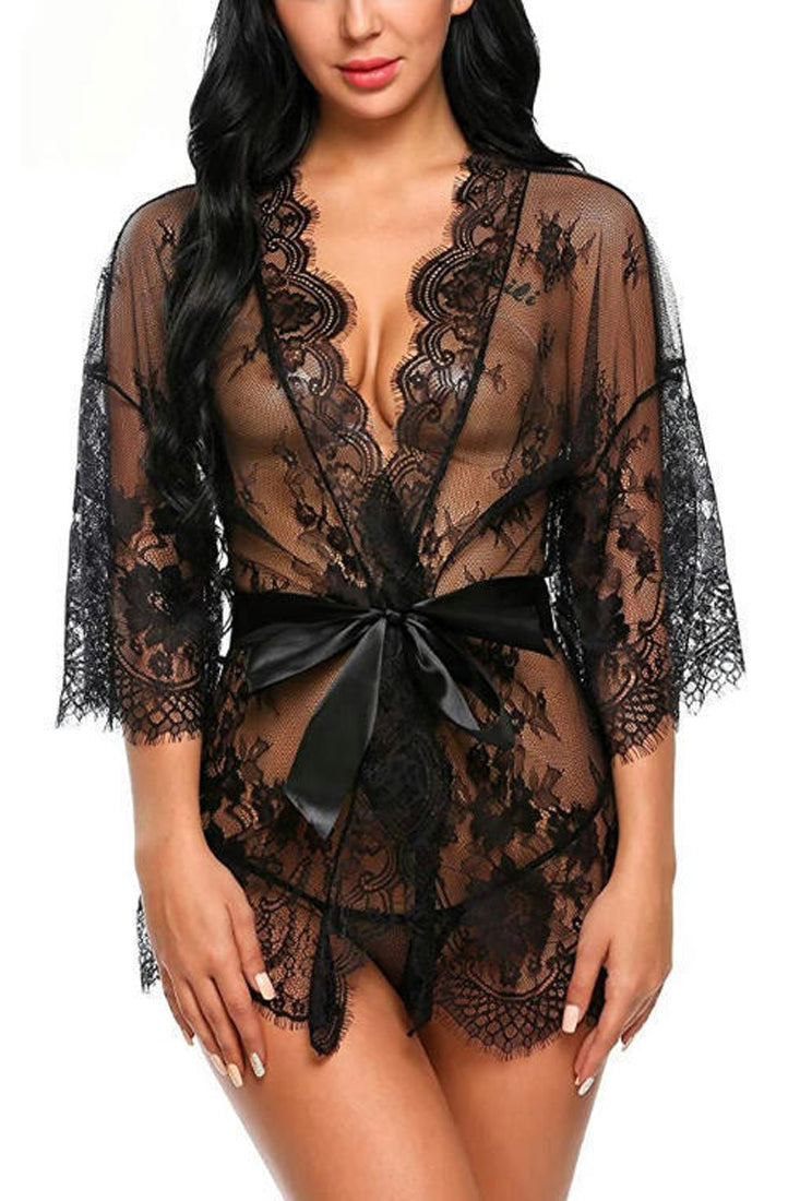 Black Lace Embroidered Robe Thong Belt 3Pc Lingerie Set