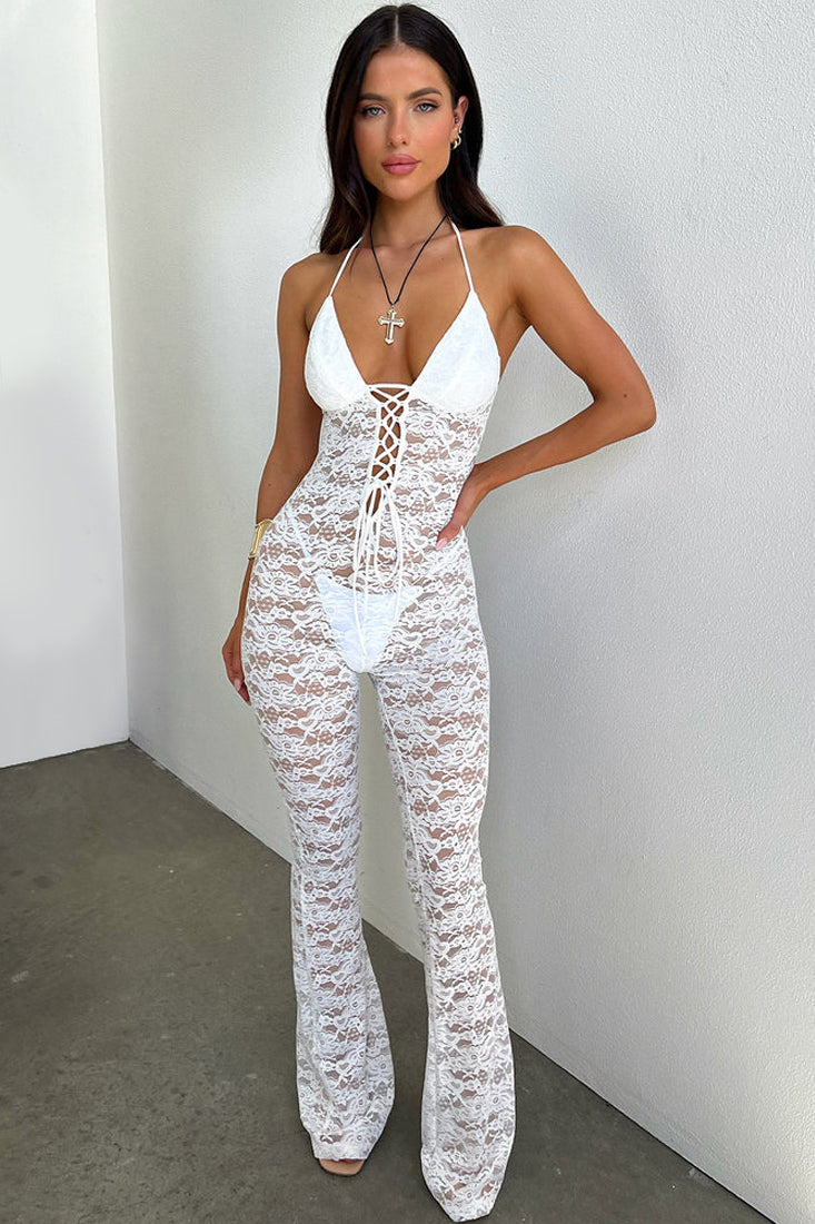 White Lace All Over Halter Sexy Bell Bottom Fitted Jumpsuit