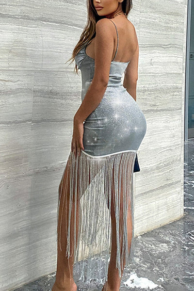 Silver Shimmer Sequin Fringe Full Length Strap Sexy Party Dress