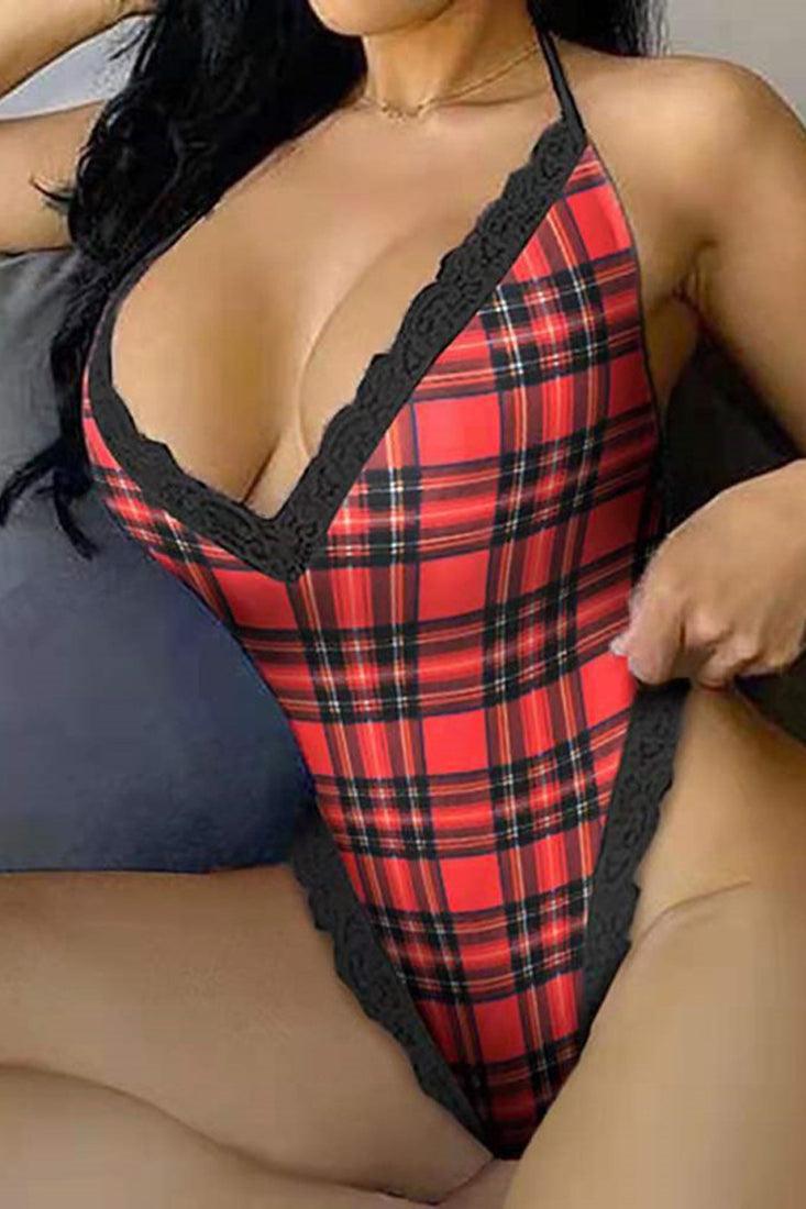 Black Red Plaid Lace Bodysuit Holiday Pajamas Lingerie - AMIClubwear