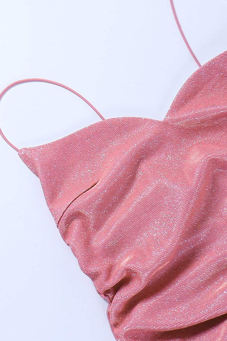 Pink Shimmer Glitter Thin Straps Ruched Sexy Party Dress - AMIClubwear