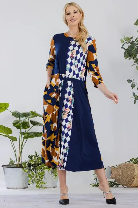 Celeste Full Size Multi Pattern Front Tie Midi Dress Plus Size