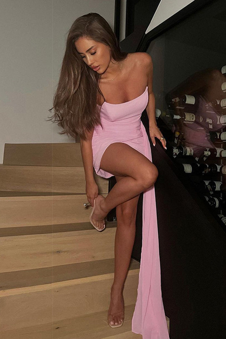 Light Pink Strapless Boned Ruched Side Drape Sexy Party Dress