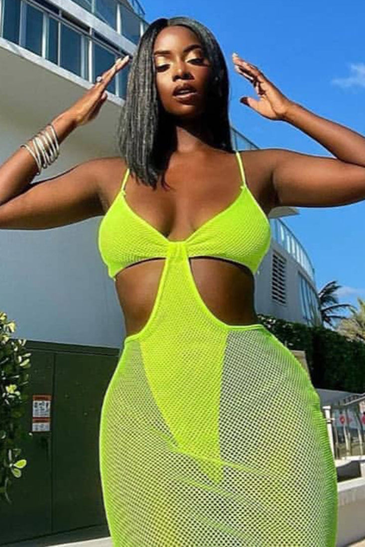 Neon Yellow Netted Built In Bodysuit Cut Out Sexy Midi Dress