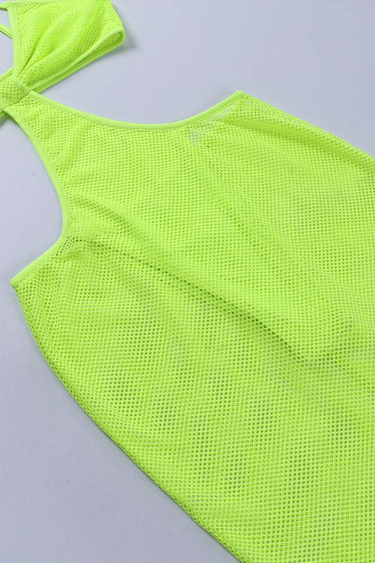 Neon Yellow Netted Built In Bodysuit Cut Out Sexy Midi Dress