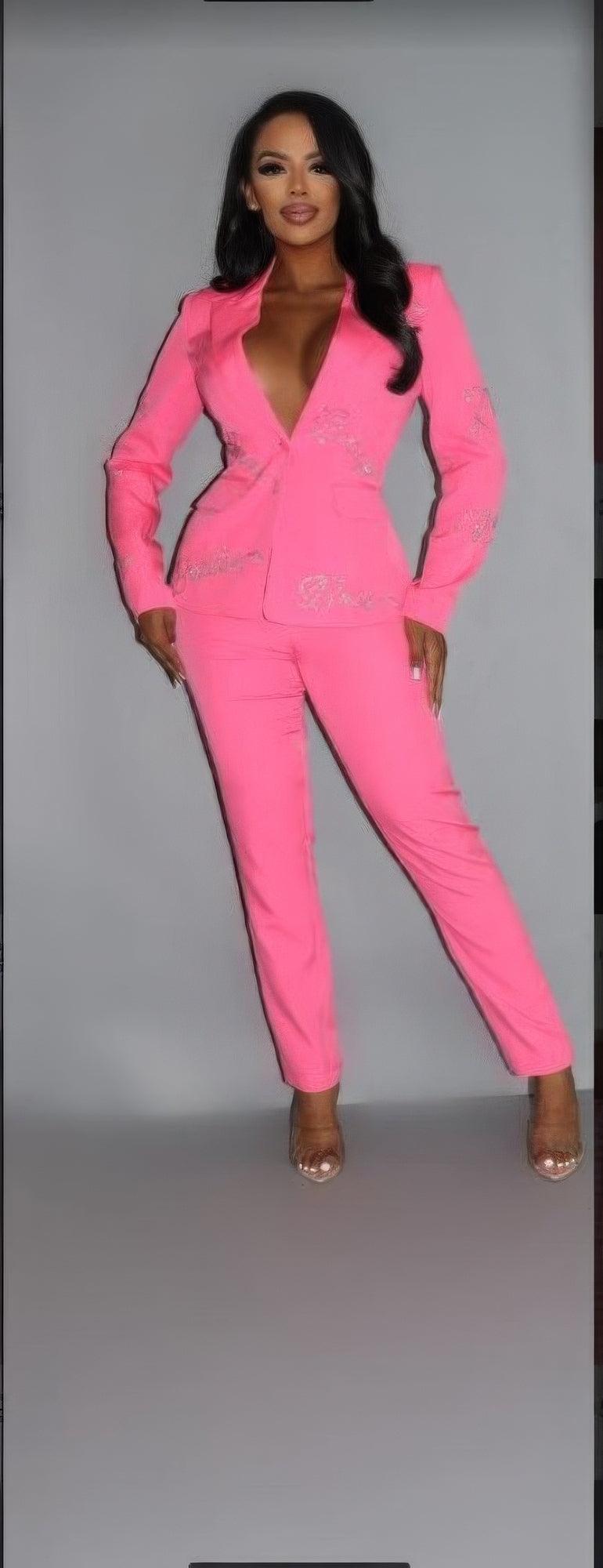 2 Piece Powersuit Blazer & Pants Set With Rhinestone Letterings On Blazer - AMIClubwear