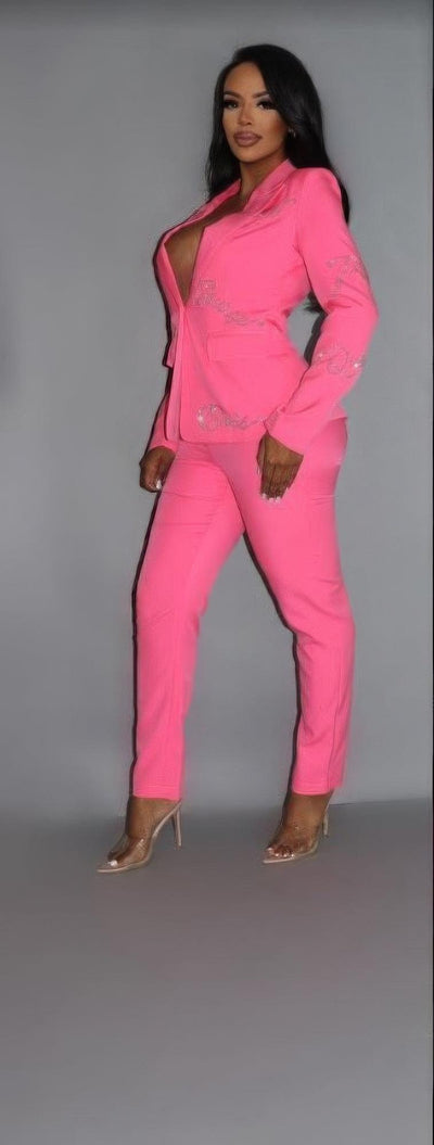 2 Piece Powersuit Blazer & Pants Set With Rhinestone Letterings On Blazer - AMIClubwear