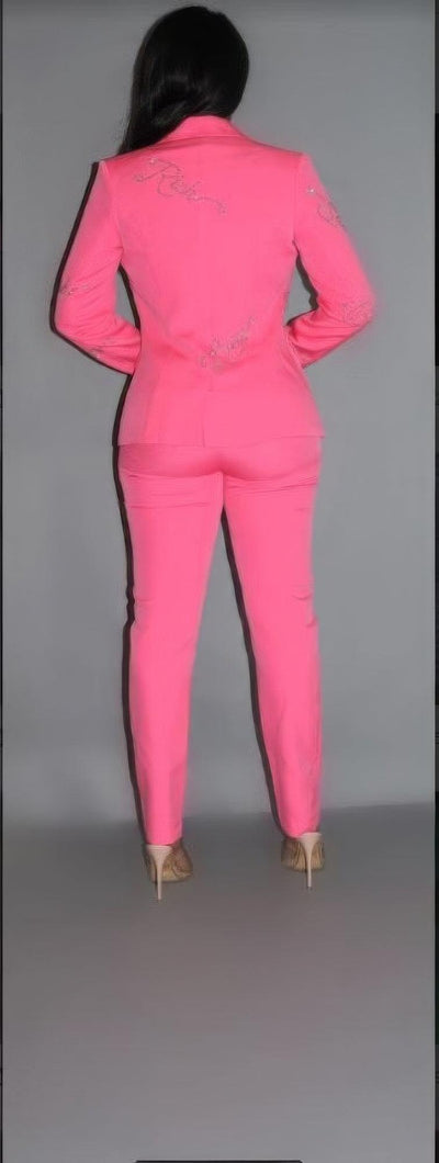 2 Piece Powersuit Blazer & Pants Set With Rhinestone Letterings On Blazer - AMIClubwear