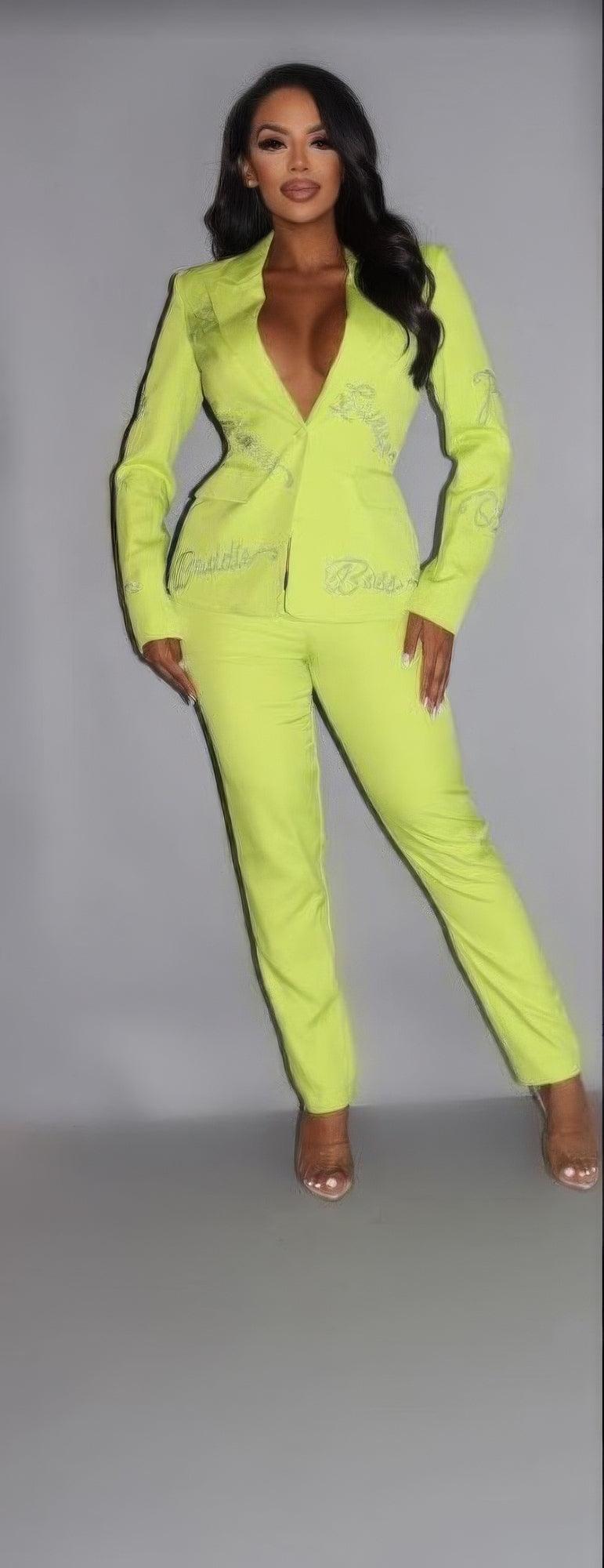 2 Piece Powersuit Blazer & Pants Set With Rhinestone Letterings On Blazer - AMIClubwear