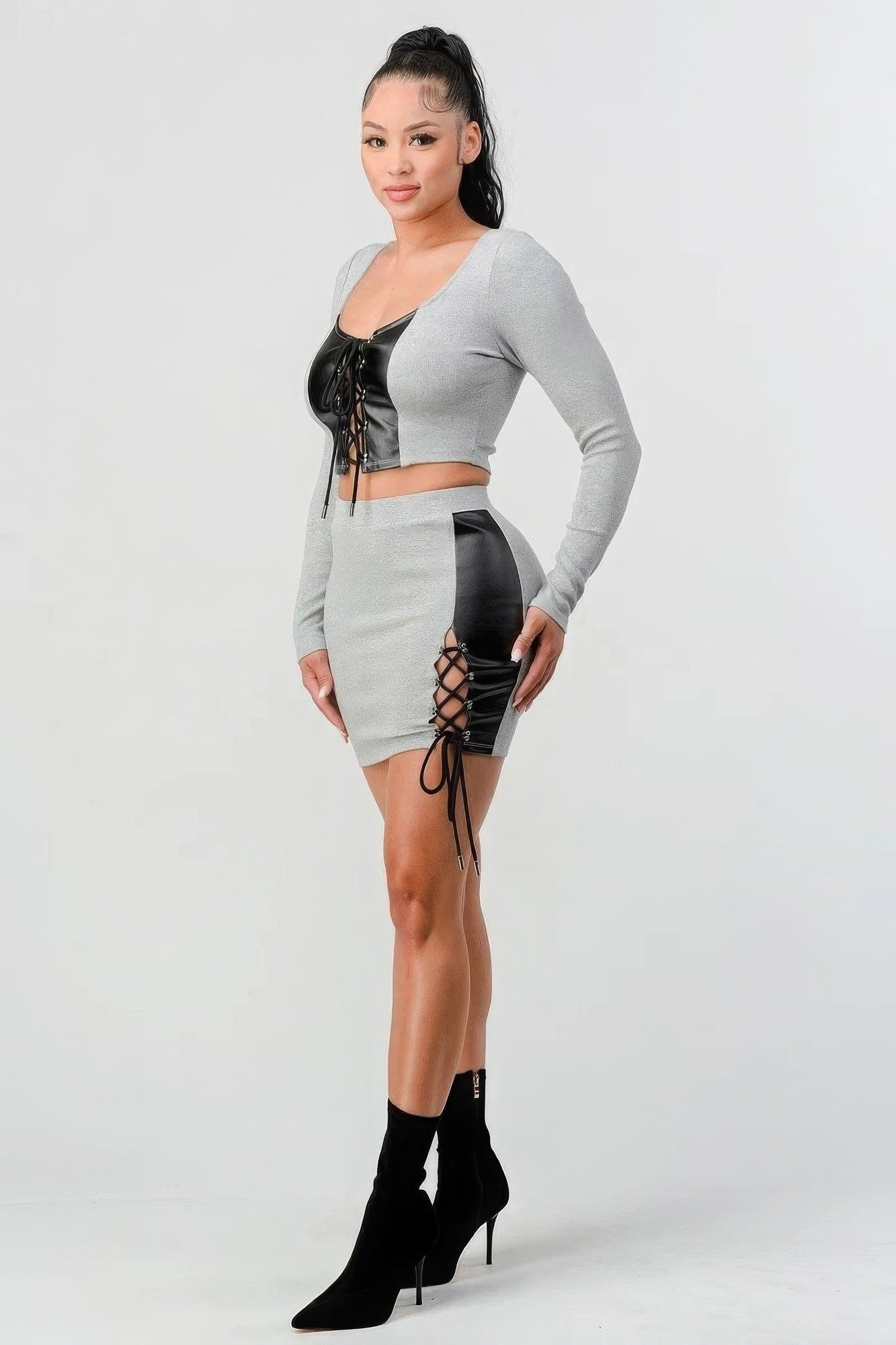 2 Piece Set With Cropped Long Sleeve Shirt With Pu Leather Detail Matching Mini Skirt - AMIClubwear