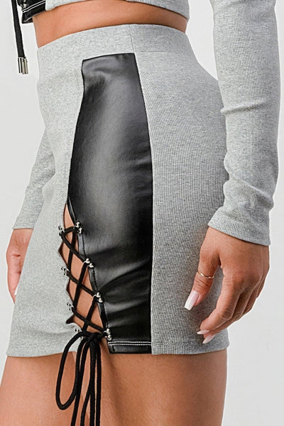 2 Piece Set With Cropped Long Sleeve Shirt With Pu Leather Detail Matching Mini Skirt - AMIClubwear