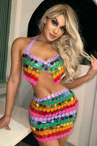 Rainbow Multi Coin Halter Sexy Party Top - AMIClubwear