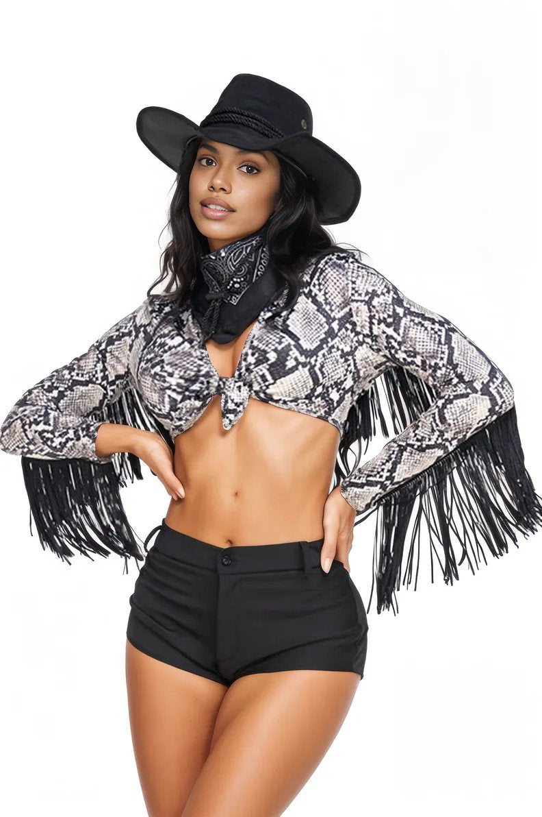 Black Snake Print Fringe 4Pc Sexy Cowgirl Western Costume W/Hat