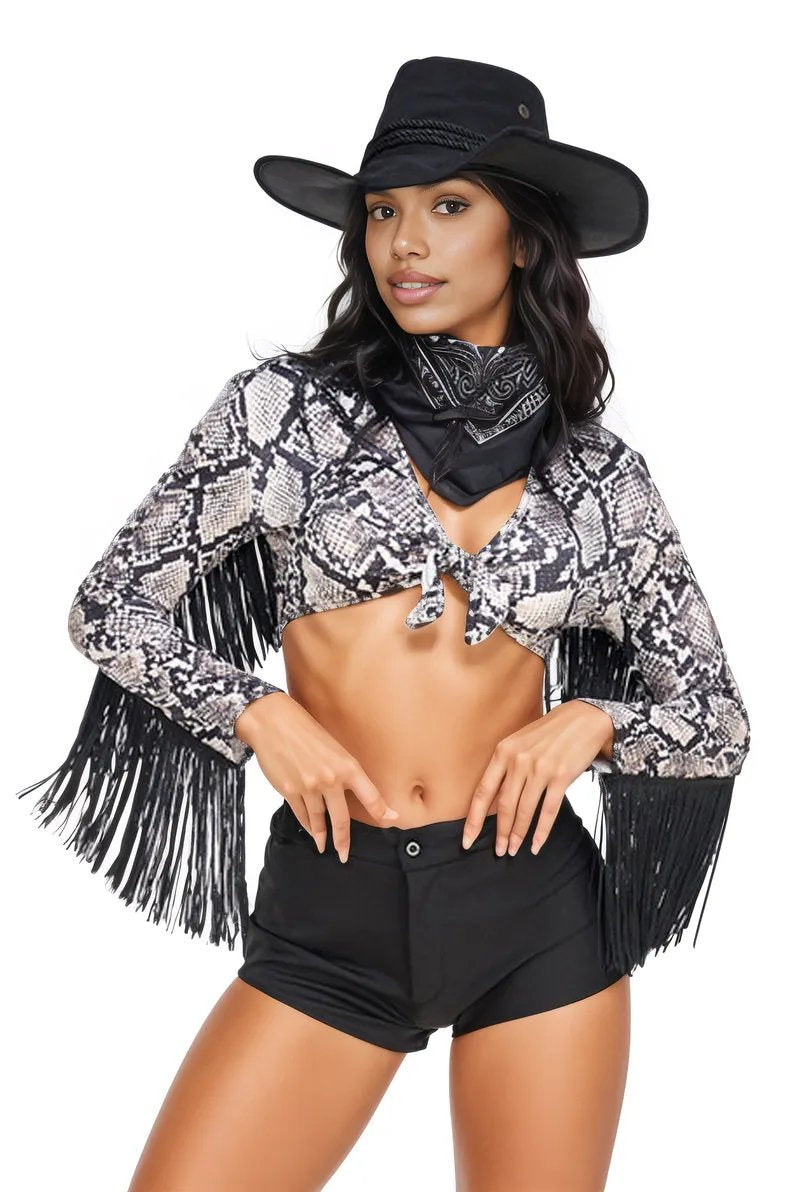 Black Snake Print Fringe 4Pc Sexy Cowgirl Western Costume W/Hat