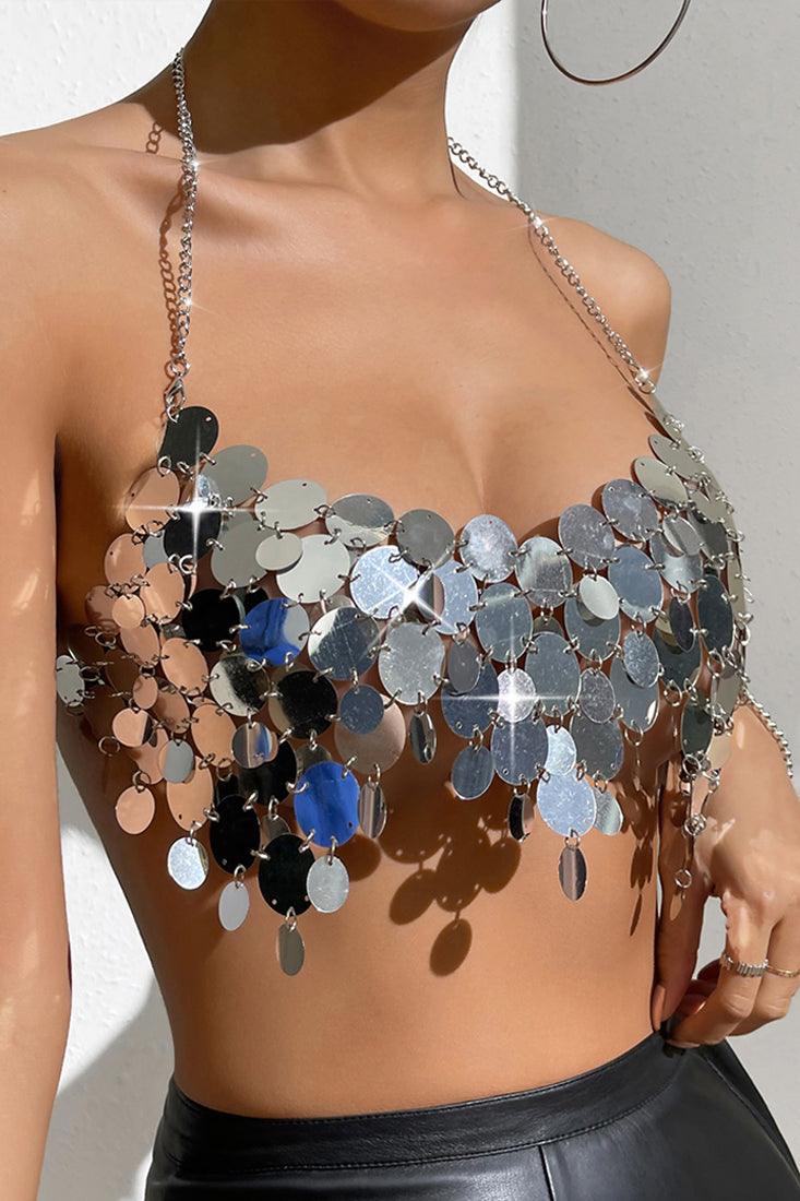 Silver Coin Sequin Chain Halter Crop Sexy Party Top - AMIClubwear