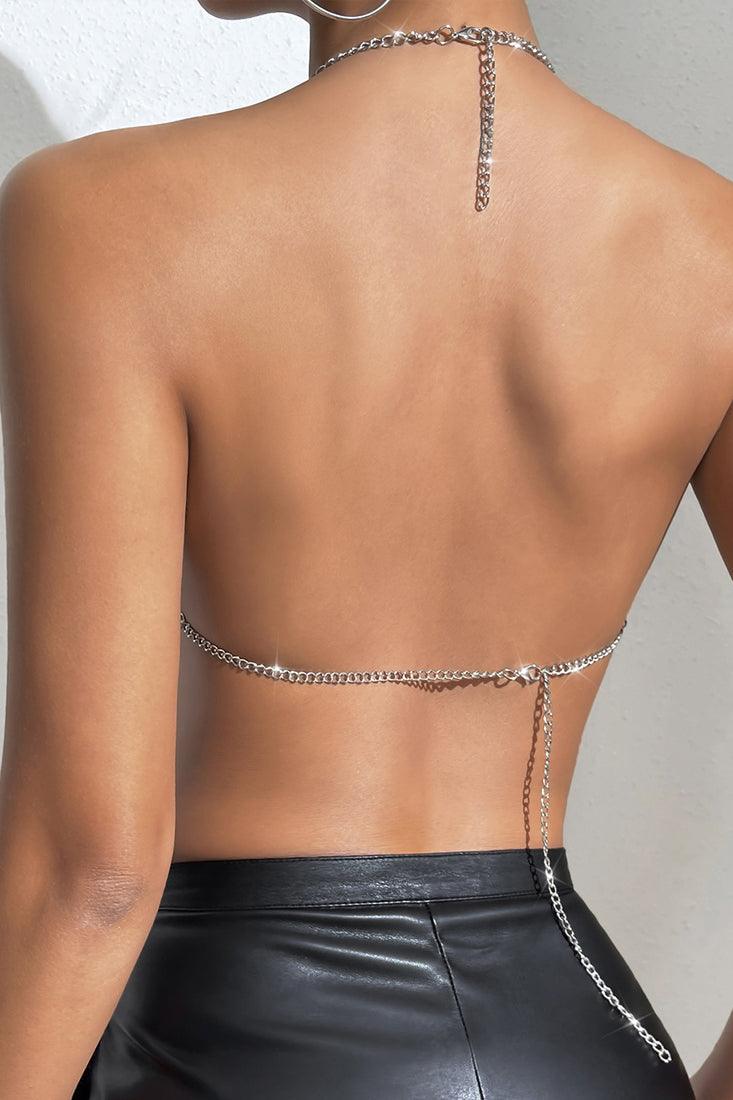 Silver Coin Sequin Chain Halter Crop Sexy Party Top - AMIClubwear