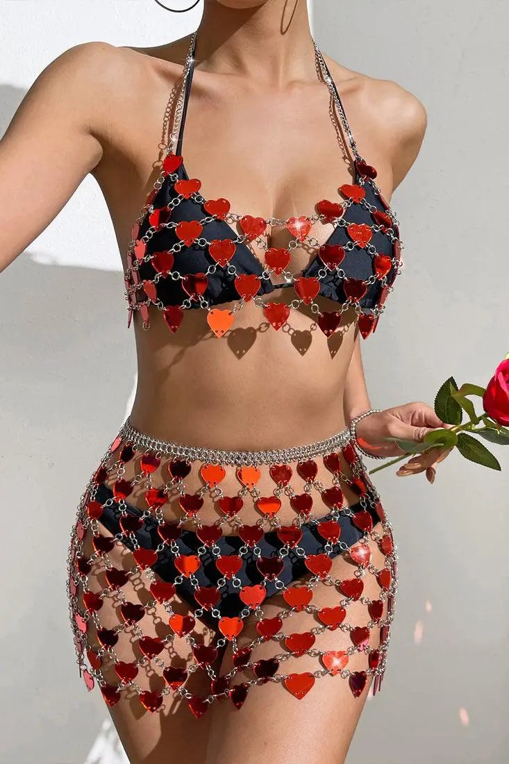 Red Heart Shape Coin Chain Halter Crop Sexy Party Top