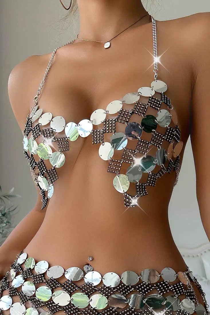 Black Silver Coin Rhinestones Chain Halter Crop Sexy Party Top