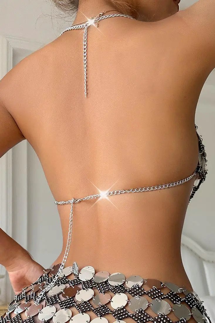 Black Silver Coin Rhinestones Chain Halter Crop Sexy Party Top