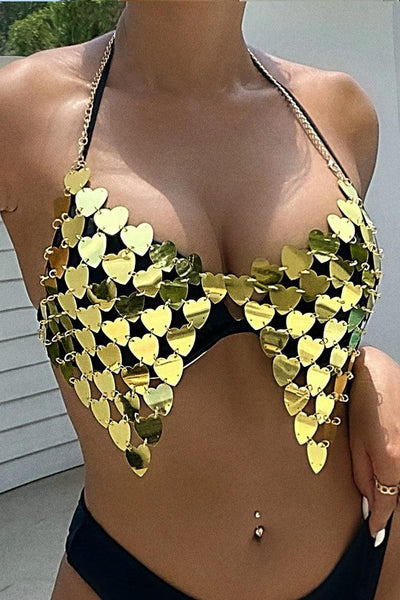 Gold Heart Shape Coin Chain Halter Crop Sexy Party Top - AMIClubwear