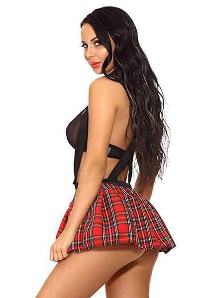 Black Red Plaid Naughty School Girl 2 Piece Costume