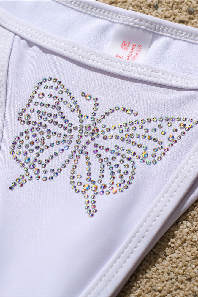 White Rhinestone Butterflies Triangle Cheeky Sexy 2Pc Swimsuit Set