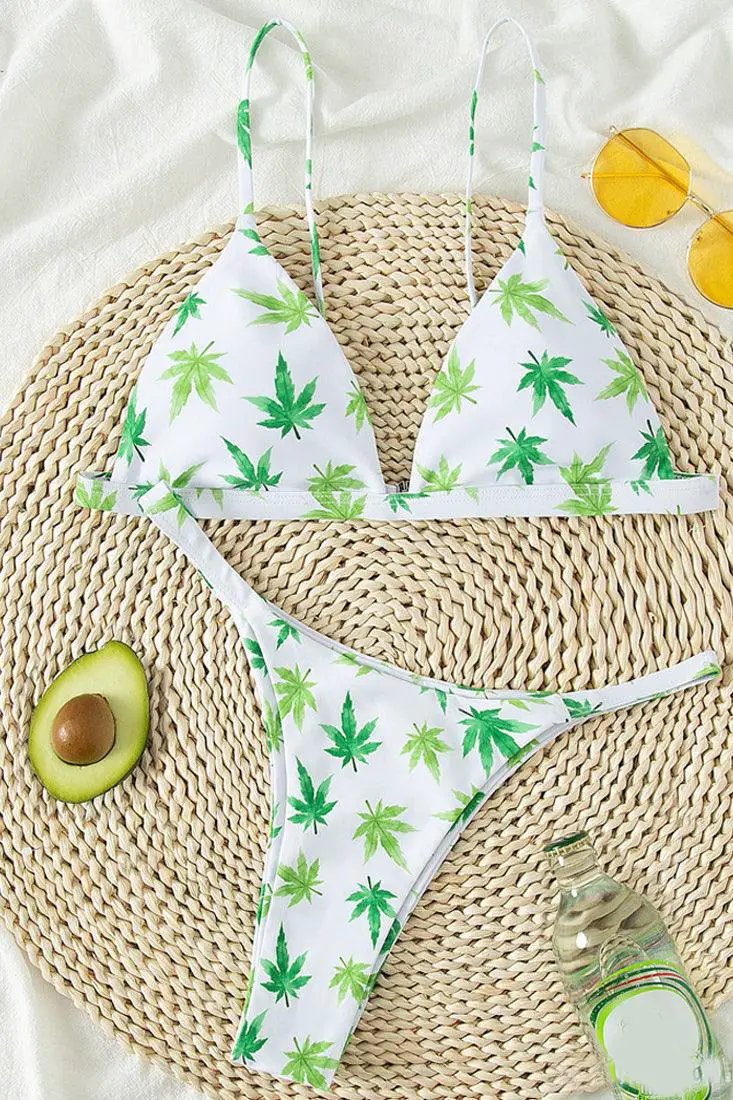 White Green Weed Print High Waist Cheeky Ultra Sexy 2Pc Swimsuit Set Bikini