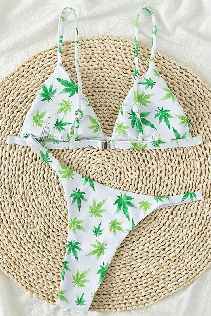 White Green Weed Print High Waist Cheeky Ultra Sexy 2Pc Swimsuit Set Bikini