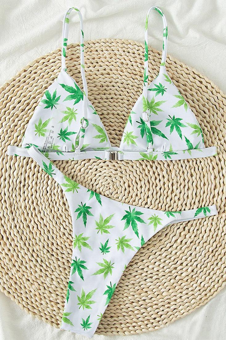 White Green Weed Print High Waist Cheeky Ultra Sexy 2Pc Swimsuit Set Bikini