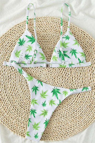 White Green Weed Print High Waist Cheeky Ultra Sexy 2Pc Swimsuit Set Bikini - AMIClubwear