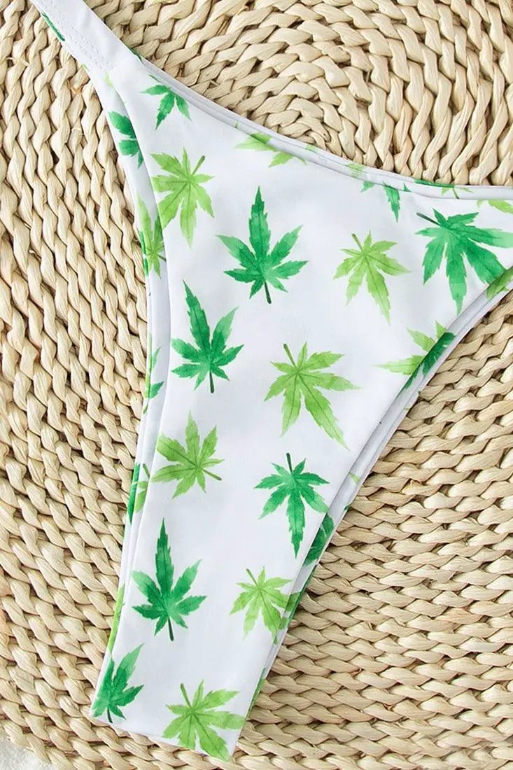 White Green Weed Print High Waist Cheeky Ultra Sexy 2Pc Swimsuit Set Bikini