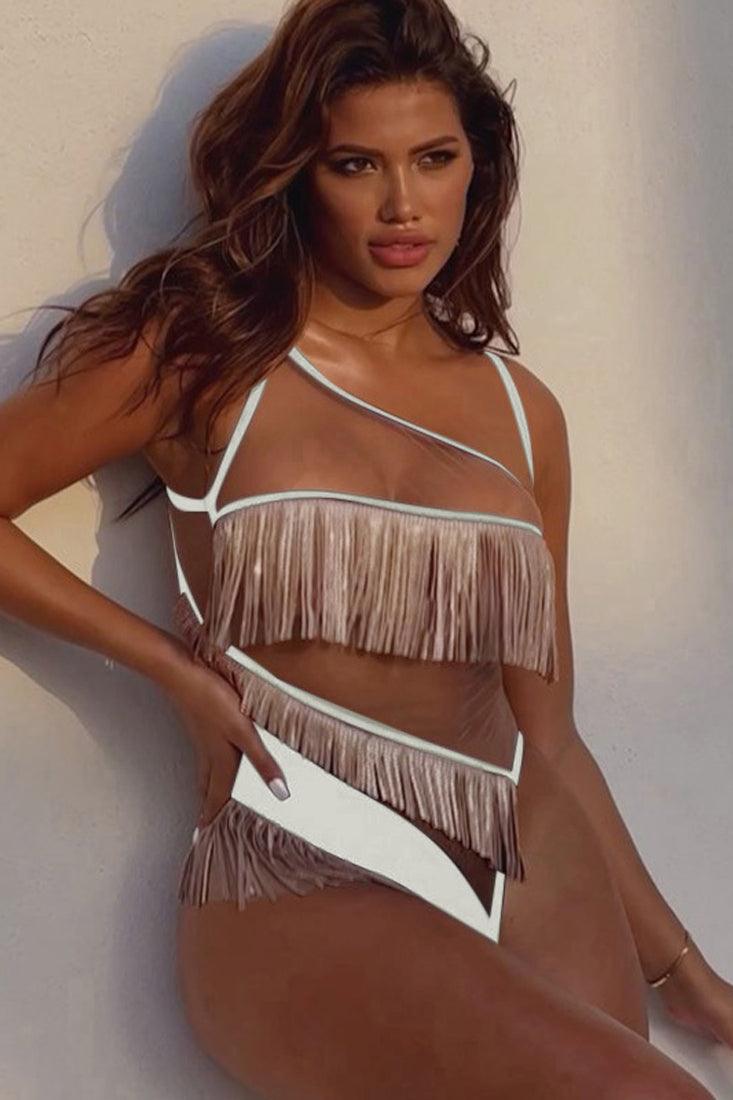 White Nude Mesh Silver Fringe Cut Out Bottom Button Sexy Bodysuit - AMIClubwear