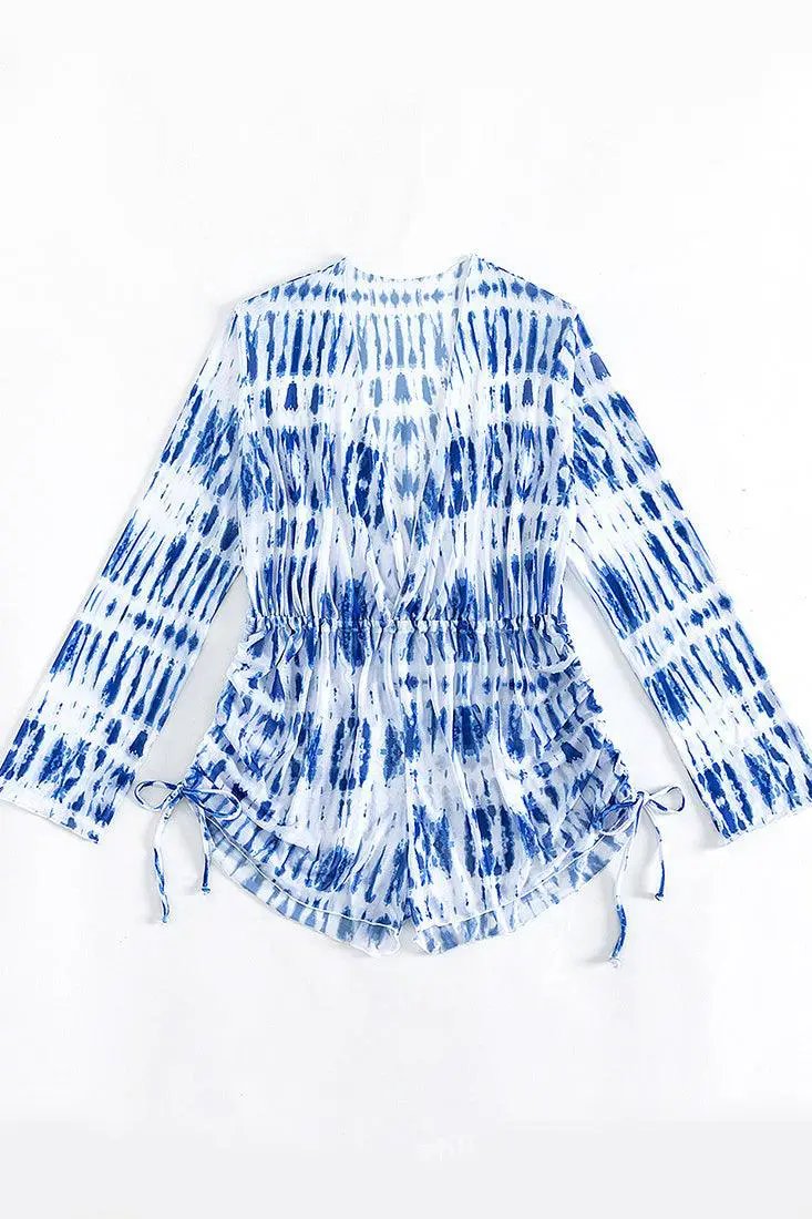 Blue White Tie Dye Plunging-V Mesh Long Sleeves Romper Cover-Up