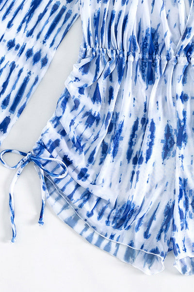 Blue White Tie Dye Plunging-V Mesh Long Sleeves Romper Cover-Up