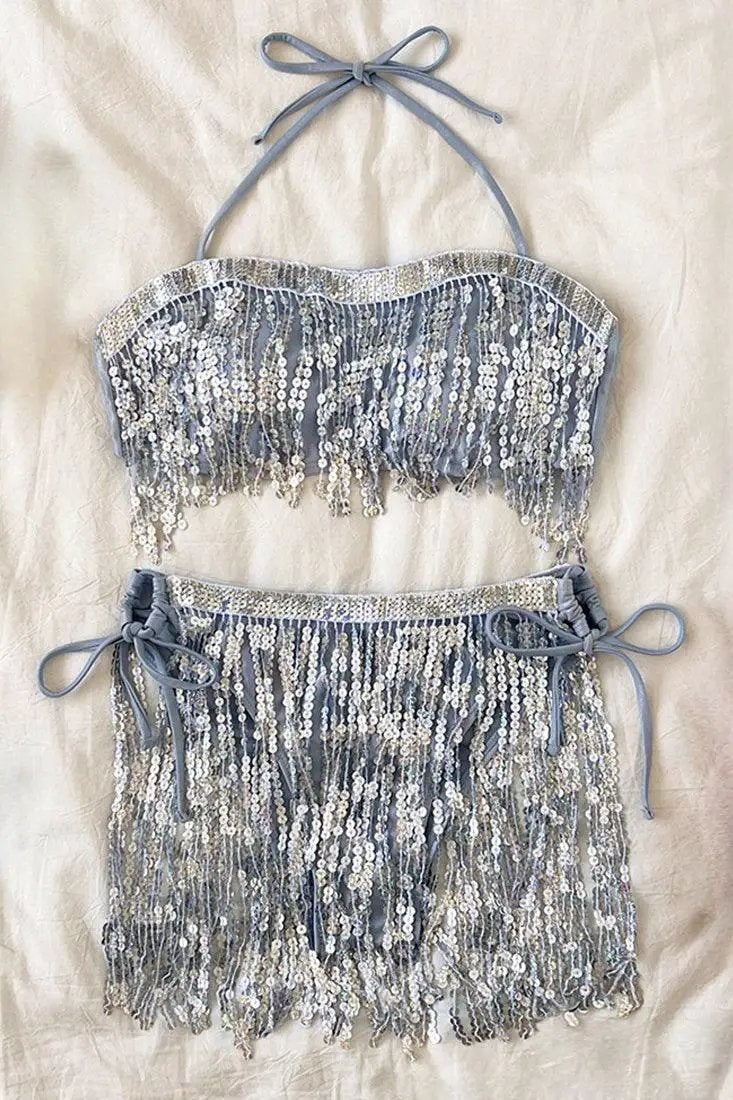 Blue Sparkly Halter Silver Sequin Fringe Sexy 2Pc Swimsuit Bikini